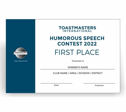 Toastmasters Contest Certificate - Humorous Speech 1st Place - The Pinnacle of Humor.
