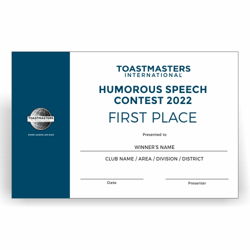 Toastmasters Contest Certificate - Humorous Speech 1st Place - The Pinnacle of Humor.