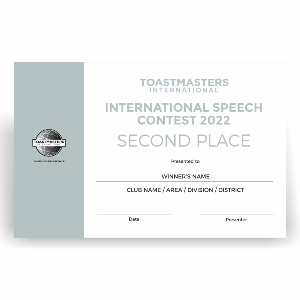 Toastmasters Contest Certificates - International Speech 2nd Place - Exceptional Achievement.