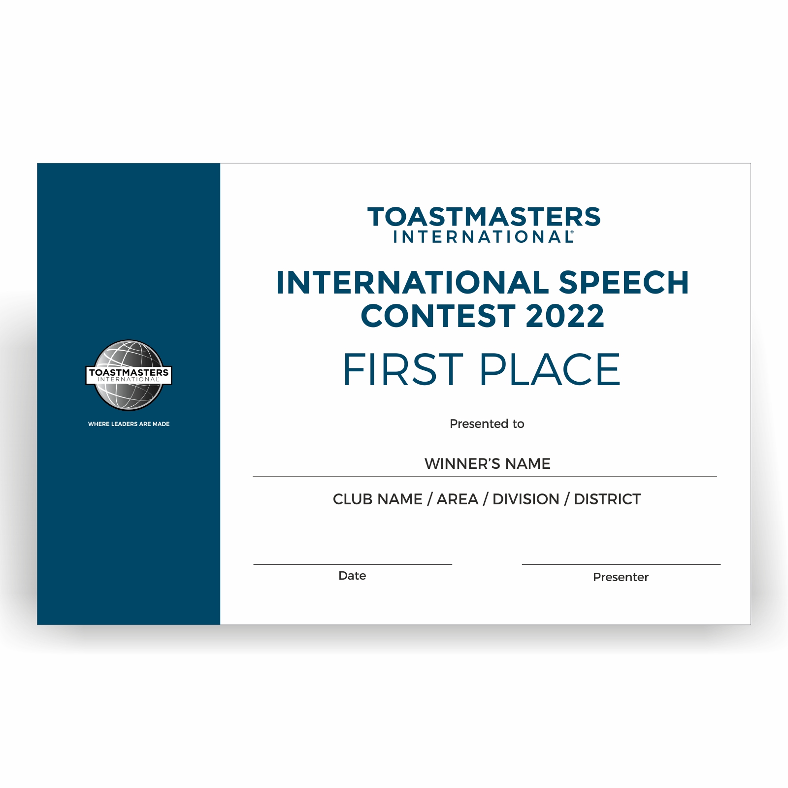 Toastmasters Contest Certificates - International Speech 1st Place - Excellence Recognized.