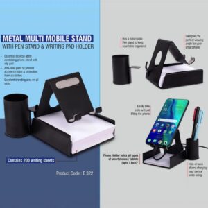 "Metal Mobile Stand with Tumbler & Writing Pad - A versatile gift set featuring a metal mobile stand, tumbler, and writing pad."