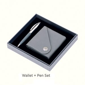 "Wallet Pen Set - Grey - A sleek and sophisticated gift set featuring a grey wallet and a matching pen."