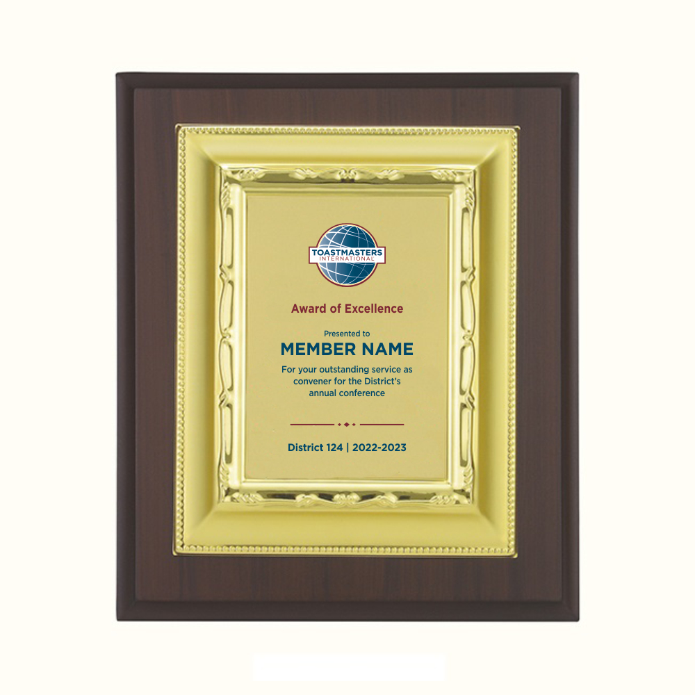 Toastmasters Wood Heavy Gold Plaque - A recognition award for outstanding service.