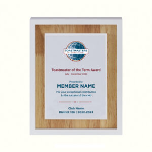 Toastmasters Wood In White Plaque - A recognition award for exceptional contribution to club success.