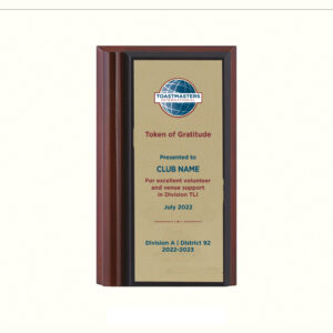 Toastmasters Wood Sleek Gold Plaque - A recognition award for excellent volunteer service.