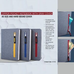 "Zipper Pocket Notebook With Gray Cover - A versatile notebook with a zipper pocket, featuring a stylish gray cover."