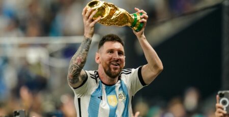 Lionel Messi with FIFA World Cup Trophy