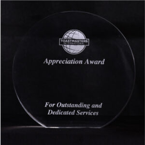 Toastmaster Appreciation Award - A glass plaque with engraved text.