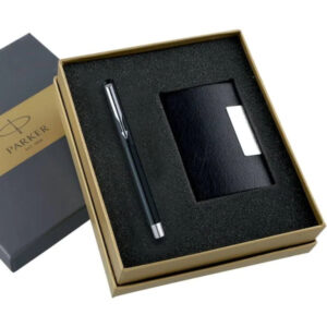 A gift set featuring a Parker pen and a card holder.
