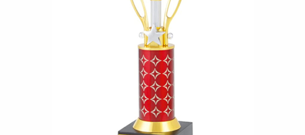 An image of a Cricket Super Star Trophy with a cricket ball on top, available for sale on Muskurado.com.