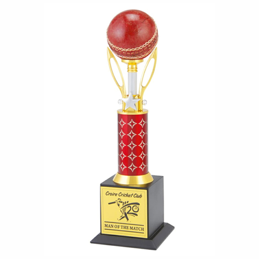 An image of a Cricket Super Star Trophy with a cricket ball on top, available for sale on Muskurado.com.